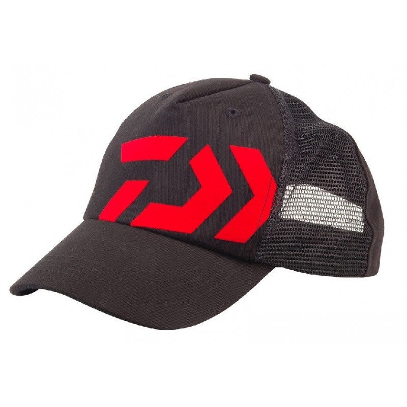 gorra Daiwa Trucker negra logo rojo